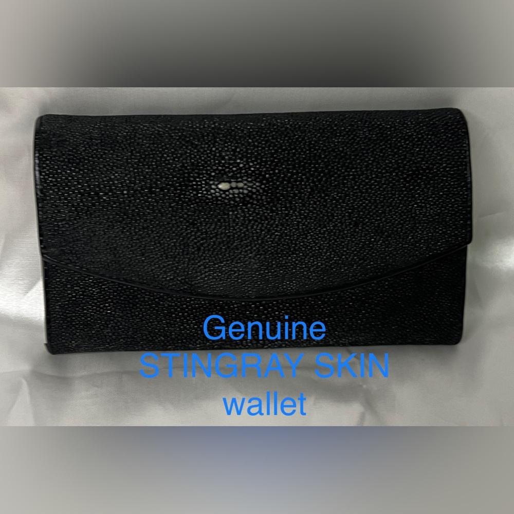 Black Long Wallet Genuine Sparkling Sting Ray Skin Billfold Snap & Zipper